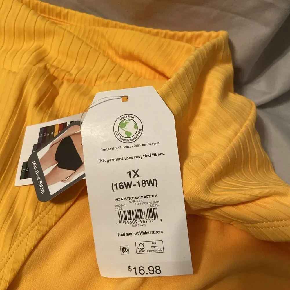 NWT Time & Tru Women's Solid Mid-Rise Swimsuit‎ Bottom Yellow Empire XL (16-18)